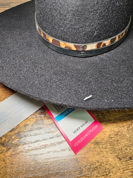 Vince Camuto Black Wide Brim Felt Fedora with Leopard Band