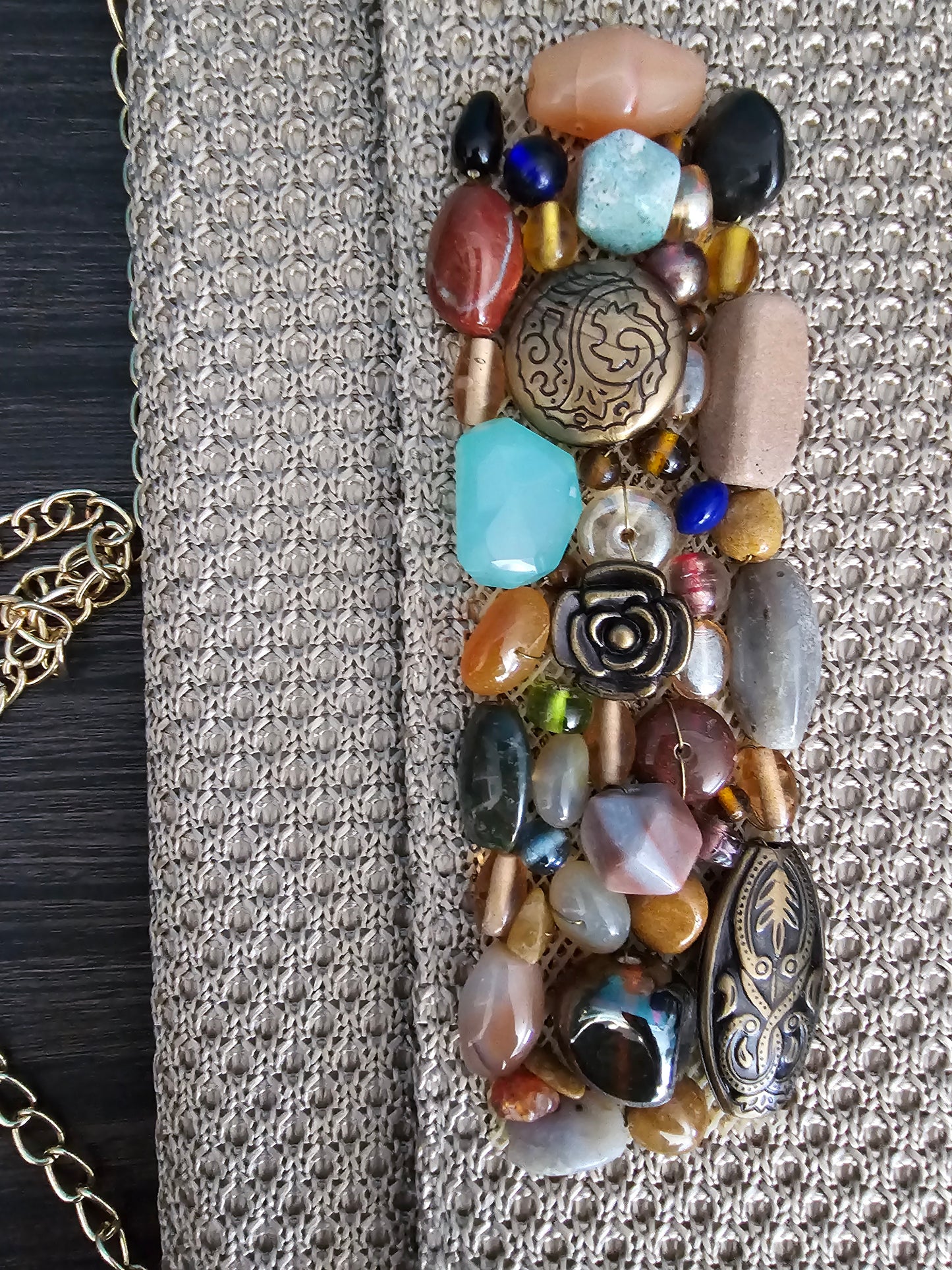 Beaded Stone Panel Woven Clutch with Chain Strap