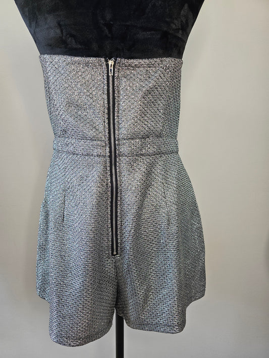 Fashion Nova Silver Shimmer Strapless Romper | Size XLarge