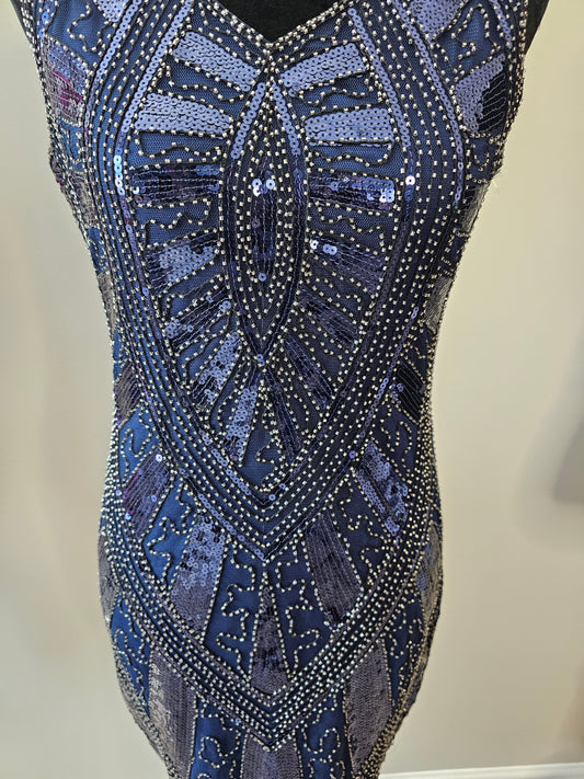 Navy Blue Art Deco Sequin Beaded Sleeveless Vintage-Inspired Fringe Dress | Size Small