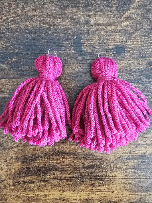 Handmade Hot Pink Yarn Tassel Drop Earrings | Statement Style