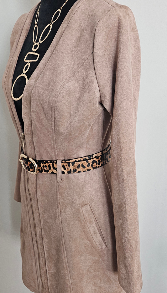 AKIRA Taupe Faux Suede Zip-Front Fit & Flare Jacket Dress | Size Medium