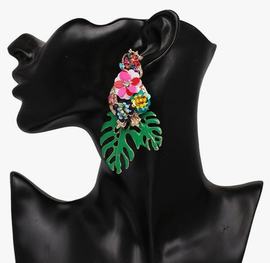Green Floral Sequin Palm Earrings