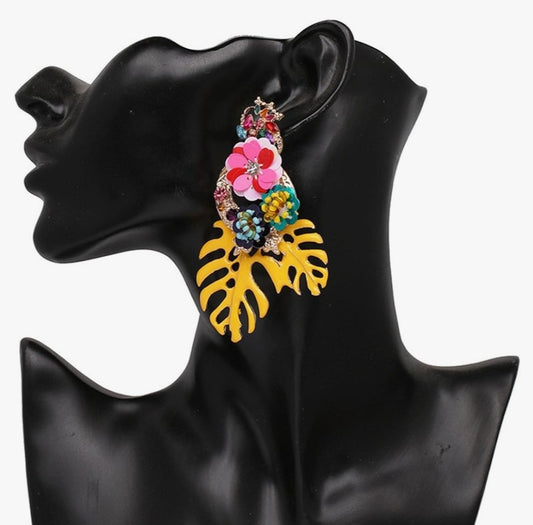 Yellow Floral Sequin Palm Statement Earrings | Multicolor