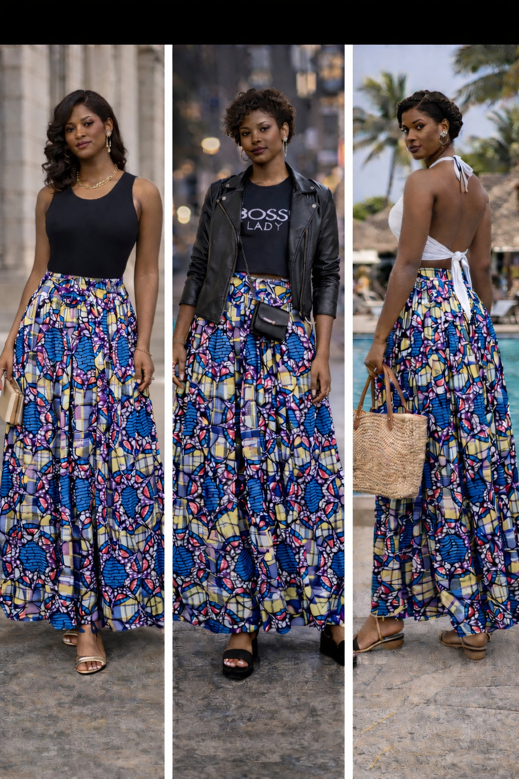 African Ankara Maxi Skirt | Multicolor Elastic Waist Statement Skirt | Size Large