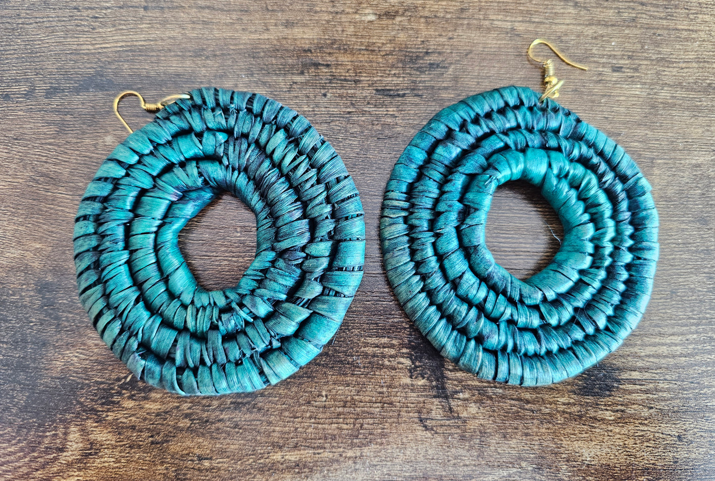 African Raffia Wrapped Statement Earrings – 3" Round Teal Hoop