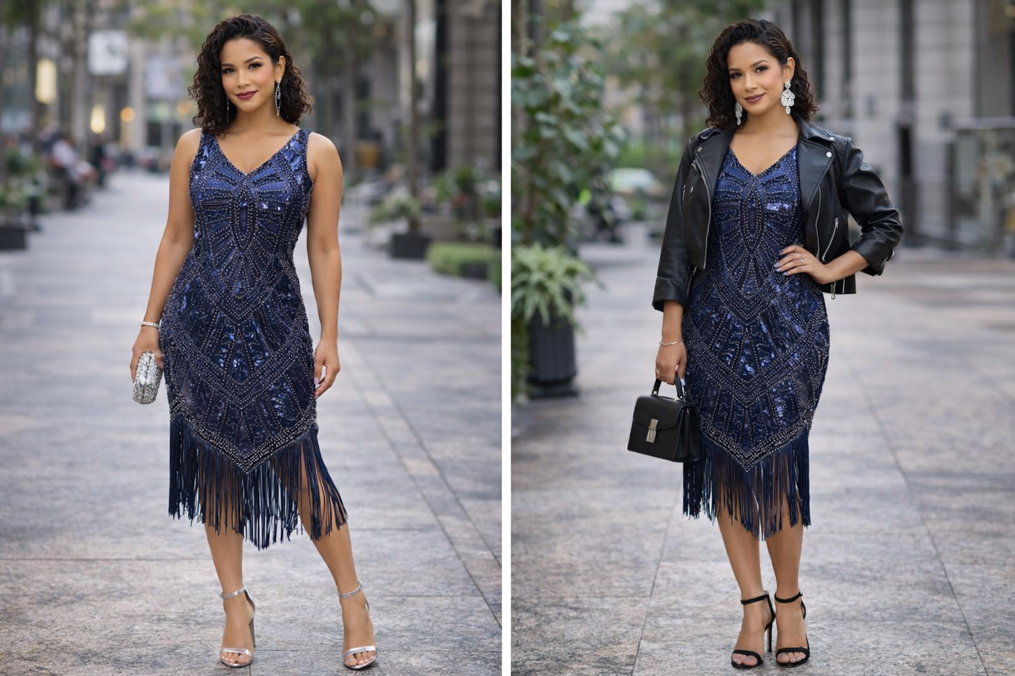 Navy Blue Art Deco Sequin Beaded Sleeveless Vintage-Inspired Fringe Dress | Size Small