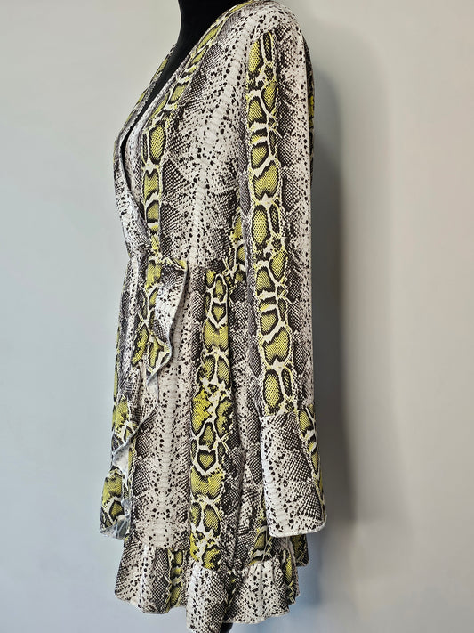 Boohoo Snake Print Wrap Dress with Ruffle Hem | Size Large