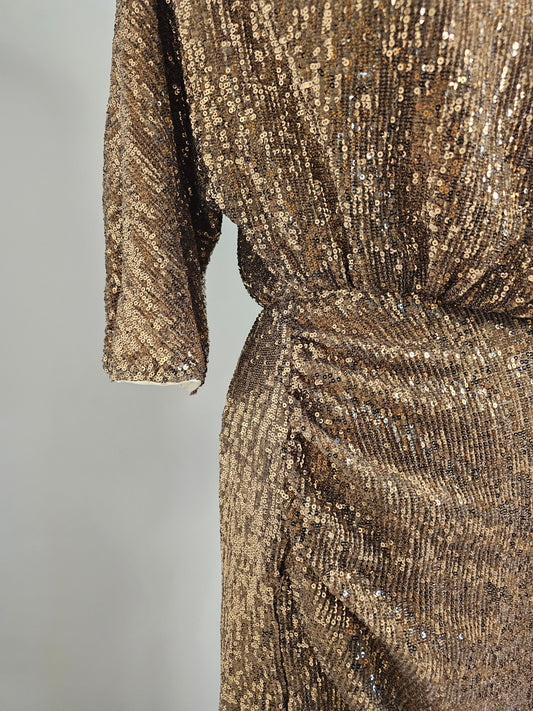 PrettyLittleThing Gold Sequin Midi Dress Asymmetrical Hem Draped Evening NWT| Size 6 Small