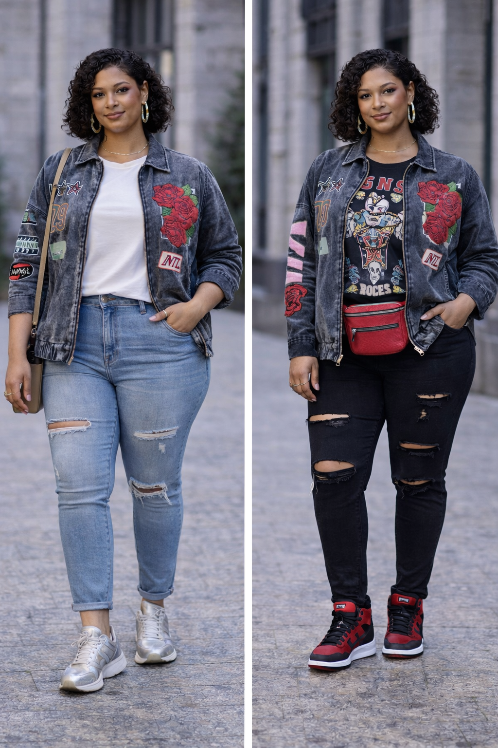 AKIRA Roses Are Red Embroidered Denim Bomber Jacket – Size XLarge