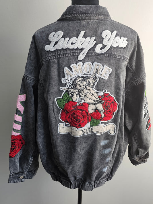 AKIRA Roses Are Red Embroidered Denim Bomber Jacket – Size XLarge