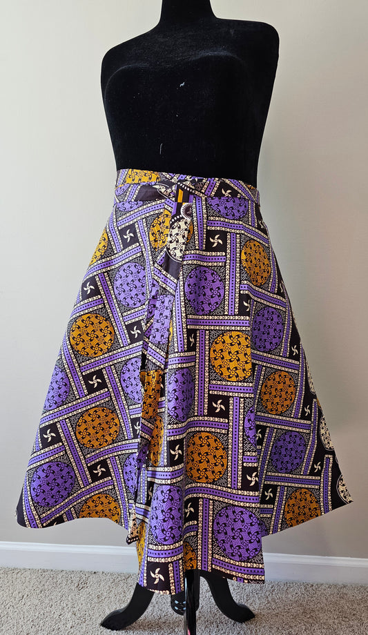 Authentic Ankara Wrap Skirt Purple & Gold African Wax Cotton | Fits Size Small to XXLarge
