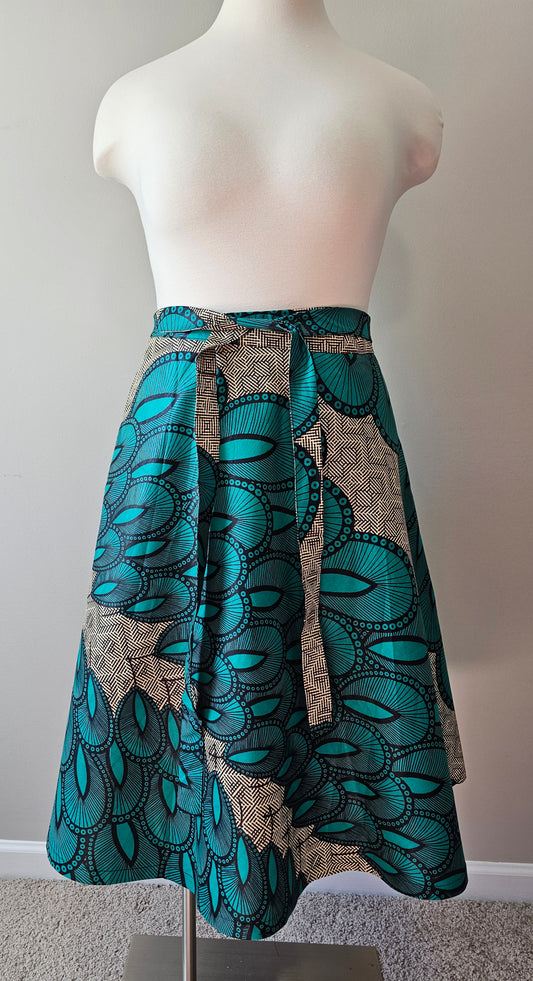 Authentic Ankara Wrap Skirt – Teal & Neutral African Wax Cotton |Fits Size Small to XXLarge