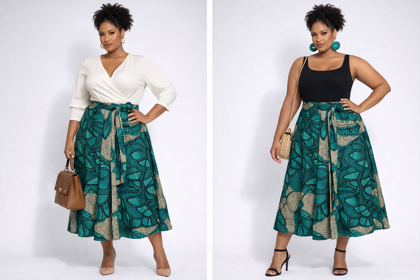 Authentic Ankara Wrap Skirt – Teal & Neutral African Wax Cotton |Fits Size Small to XXLarge