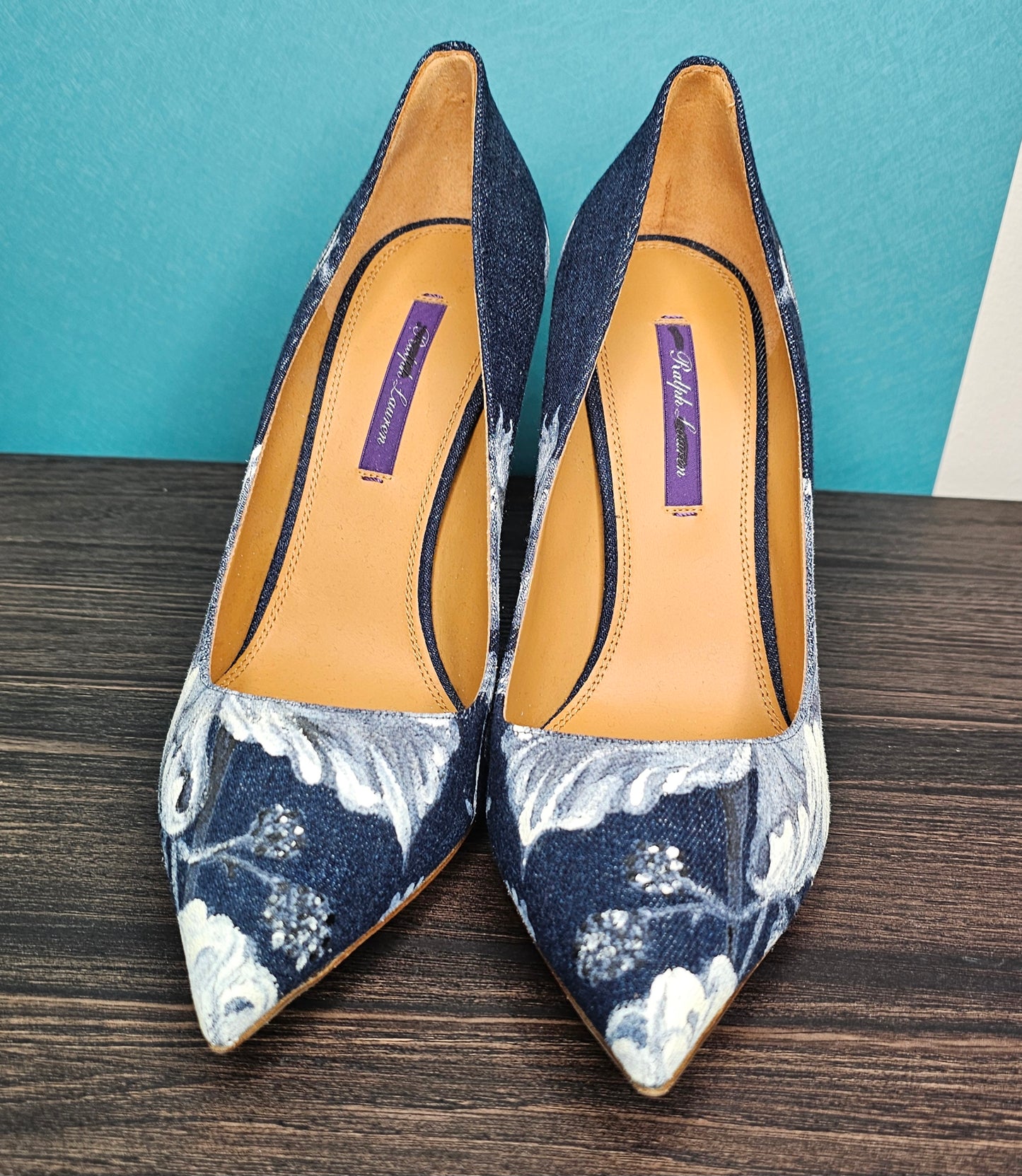 Ralph Lauren Purple Label Celia Floral Denim Pump | Size 8.5