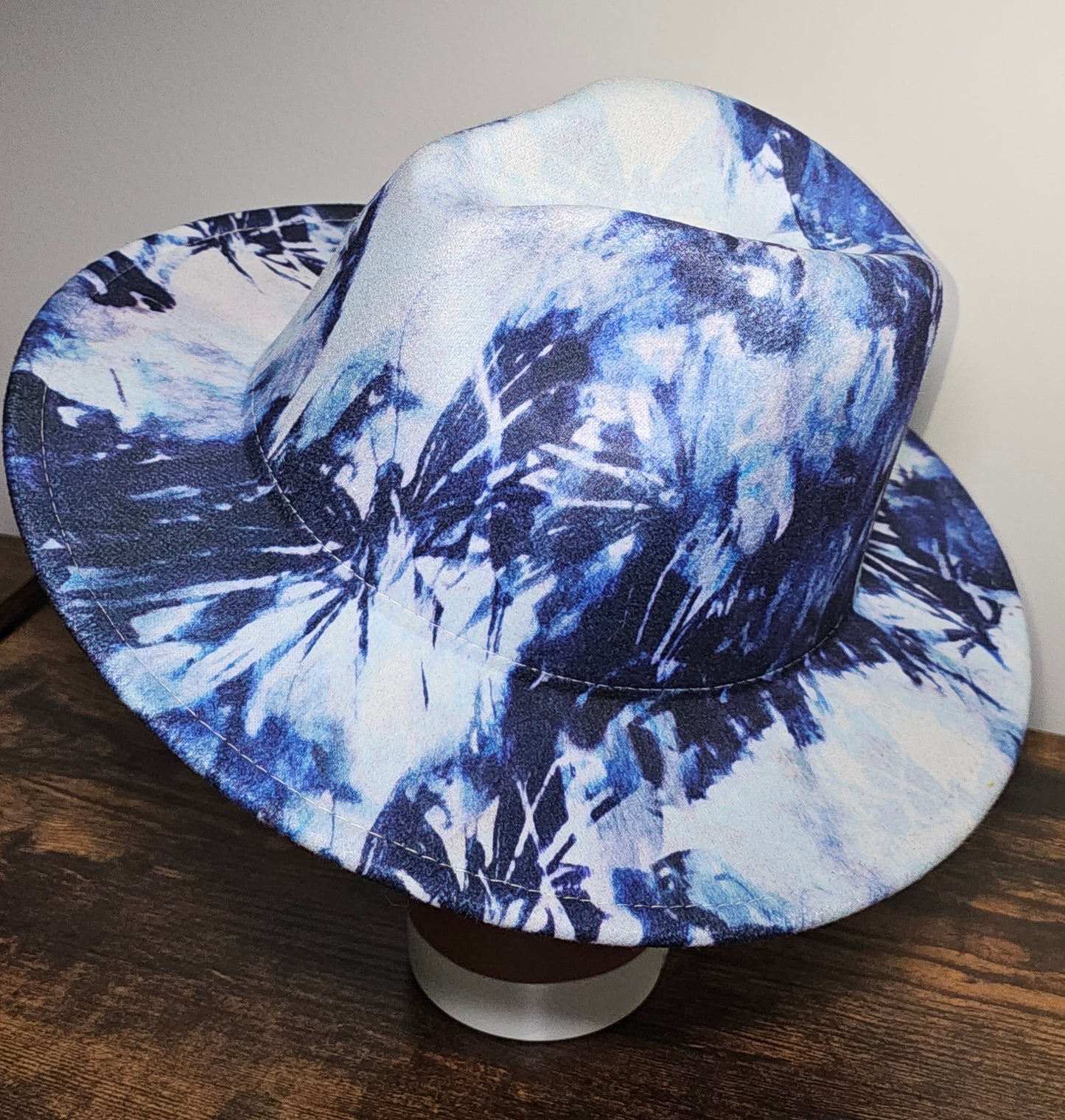 Blue Tie-Dye Wide Brim Fedora Hat with Adjustable Fit