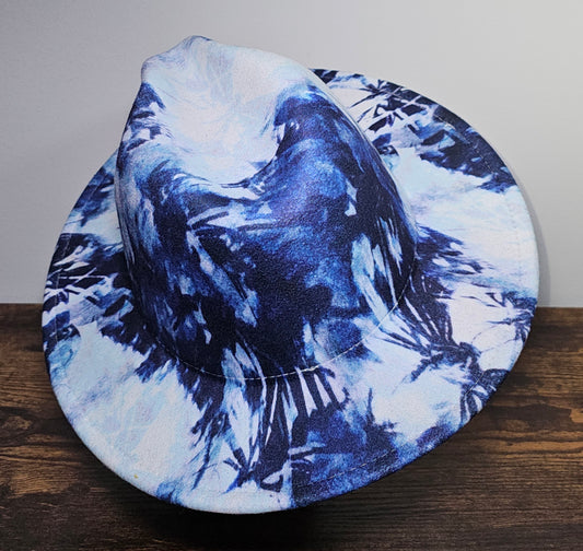 Blue Tie-Dye Wide Brim Fedora Hat with Adjustable Fit