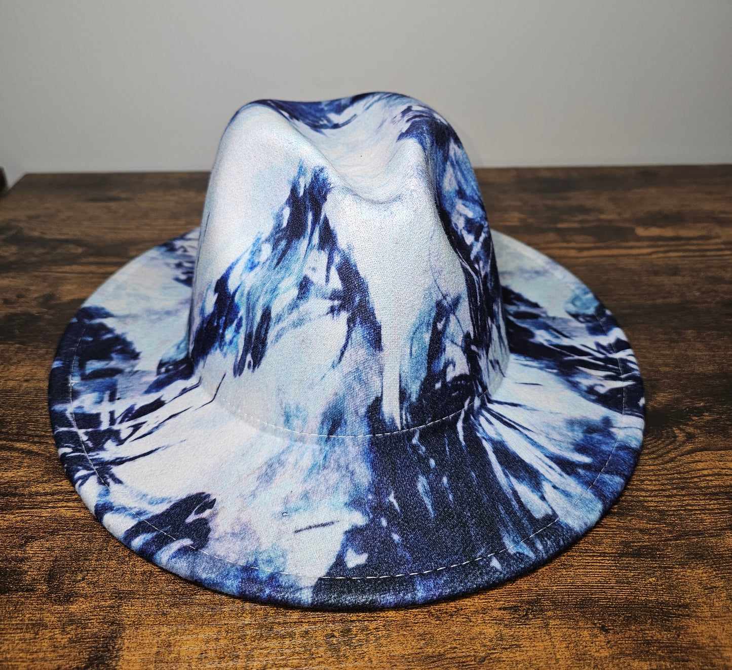 Blue Tie-Dye Wide Brim Fedora Hat with Adjustable Fit