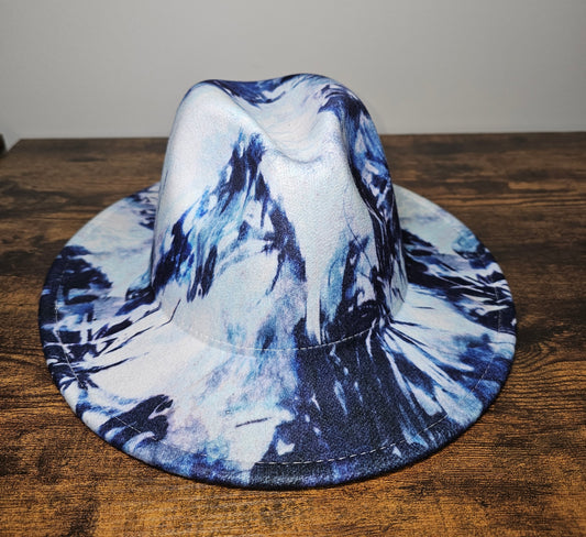 Blue Tie-Dye Wide Brim Fedora Hat with Adjustable Fit