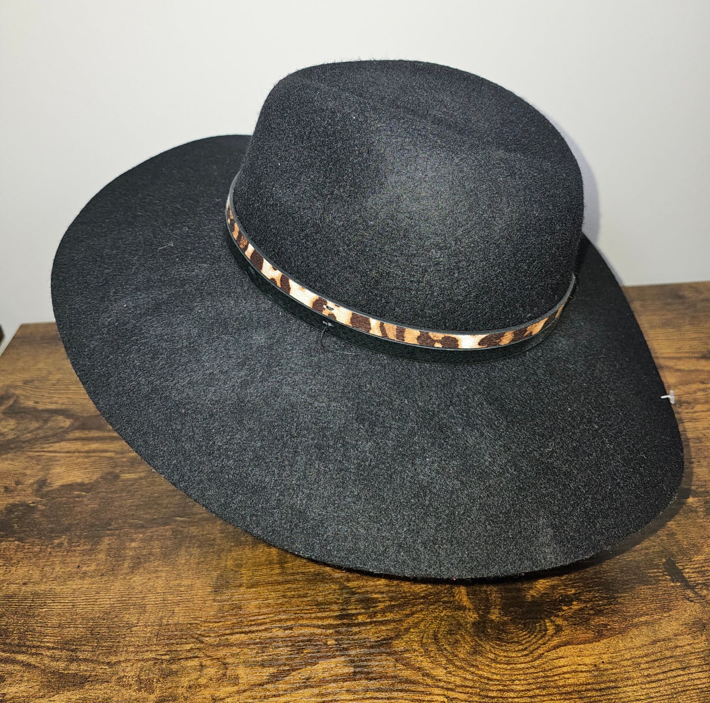 Vince Camuto Black Wide Brim Felt Fedora with Leopard Band
