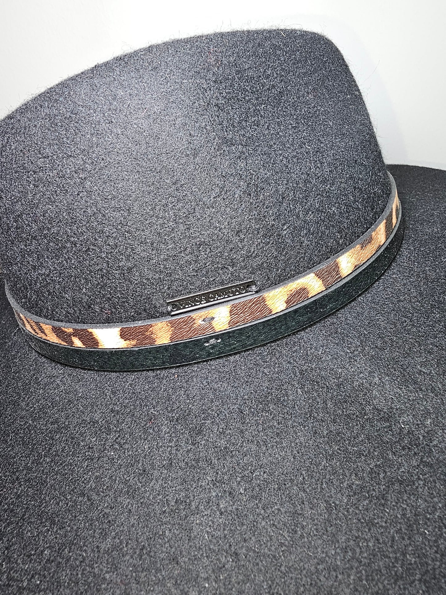 Vince Camuto Black Wide Brim Felt Fedora with Leopard Band