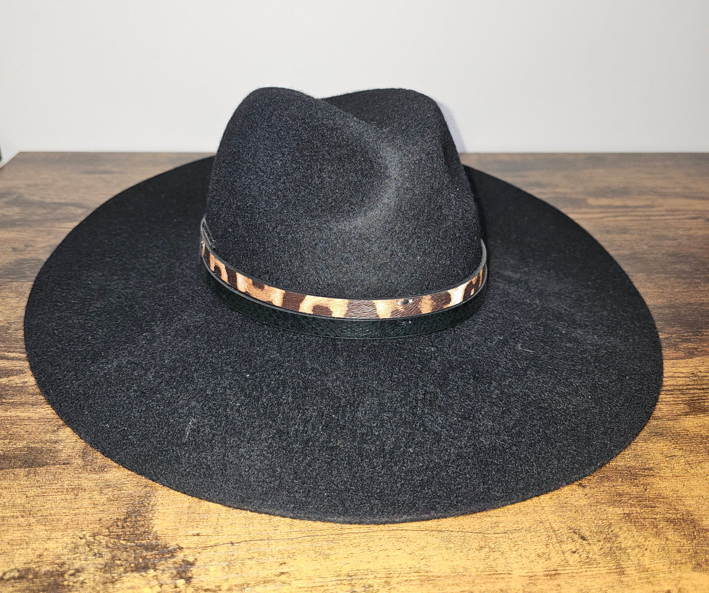 Vince Camuto Black Wide Brim Felt Fedora with Leopard Band