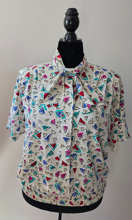 Alfred Dunner Vintage Geometric Print Tie-Neck Blouse | Short Sleeve Top | Size 16 XLarge
