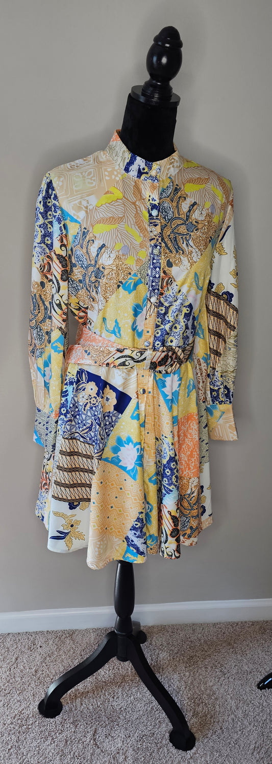 Souk + Sepia Patchwork Print Shirt Dress | Belted Long Sleeve | Size Large