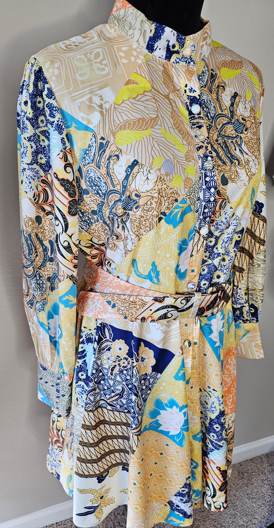Souk + Sepia Patchwork Print Shirt Dress | Belted Long Sleeve | Size Large