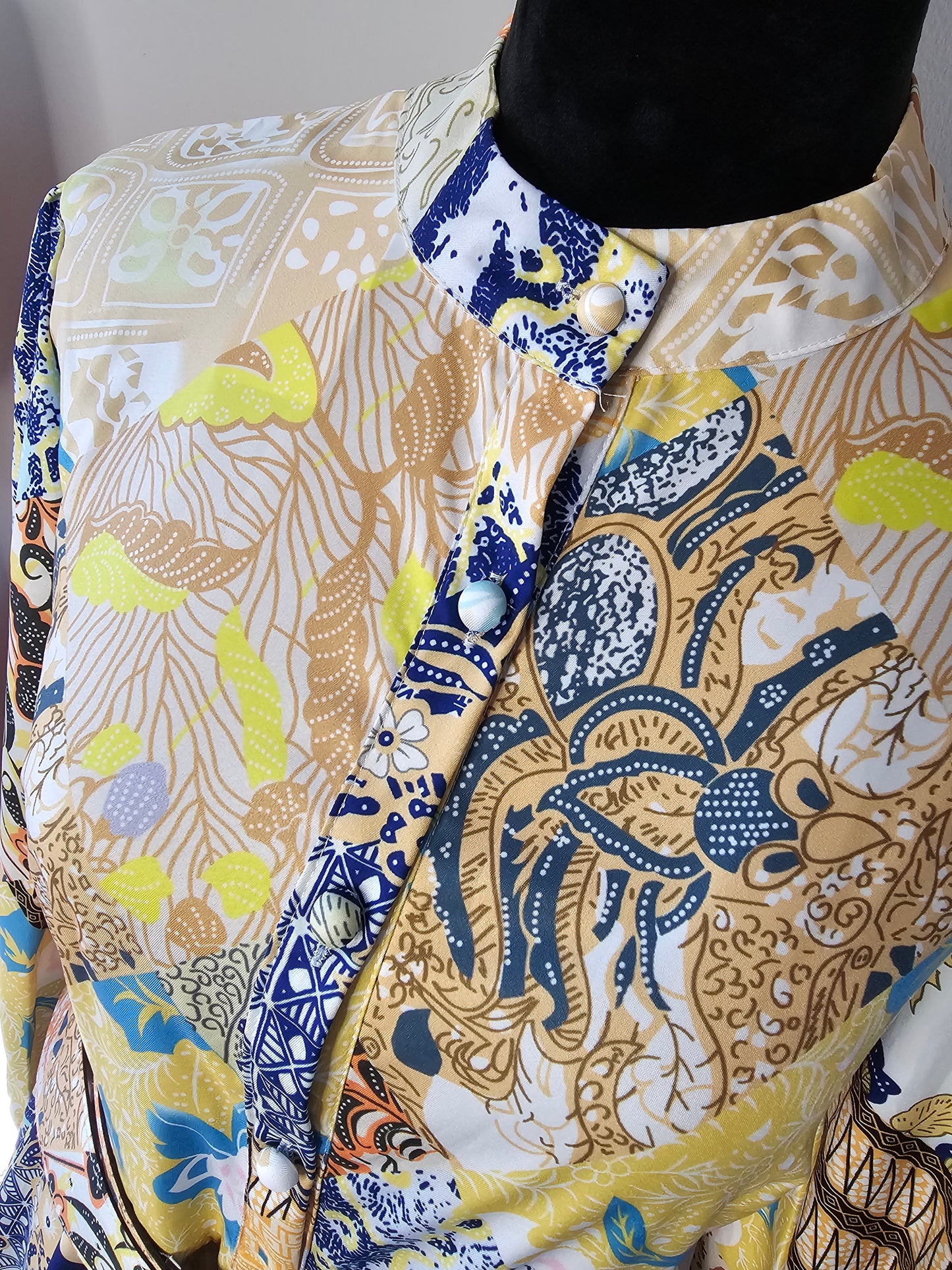 Souk + Sepia Patchwork Print Shirt Dress | Belted Long Sleeve | Size Large