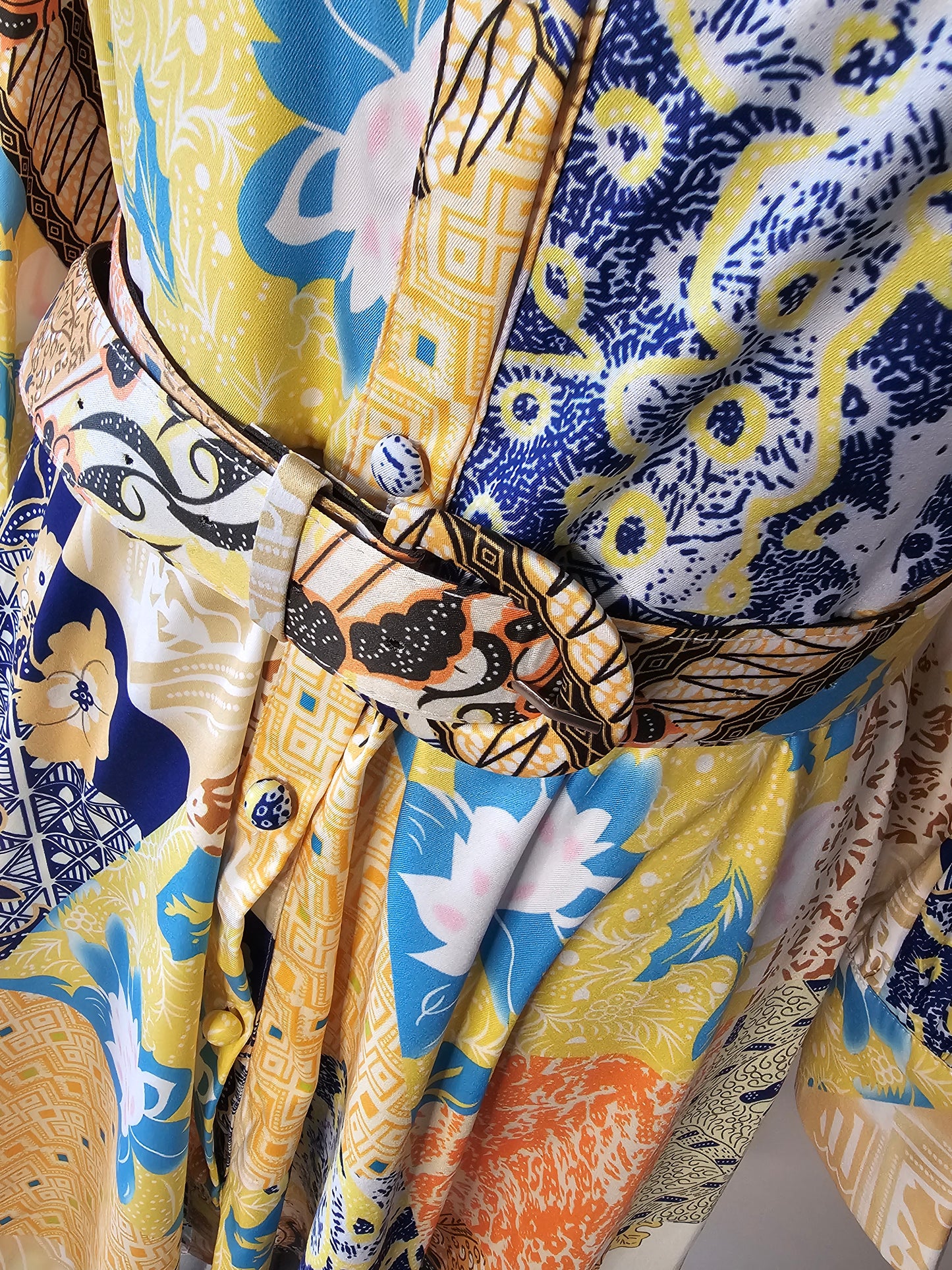 Souk + Sepia Patchwork Print Shirt Dress | Belted Long Sleeve | Size Large