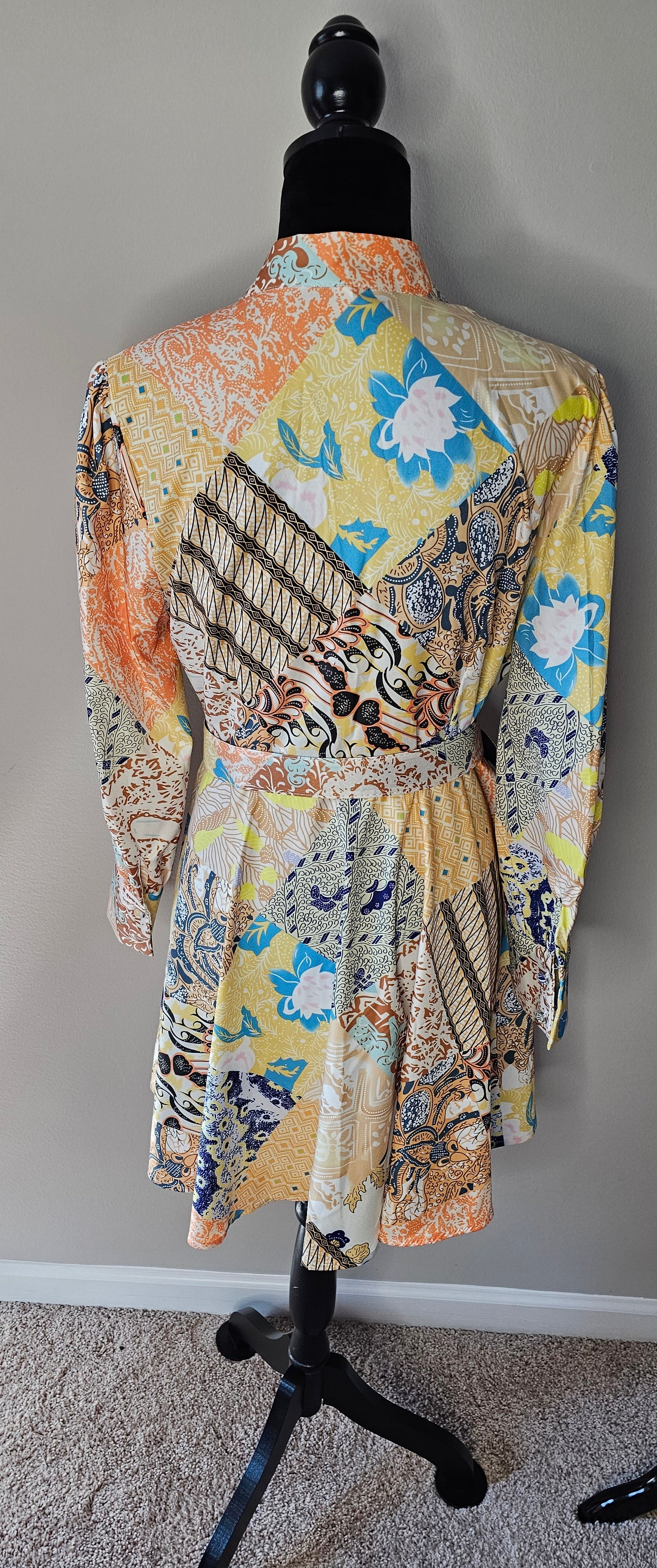 Souk + Sepia Patchwork Print Shirt Dress | Belted Long Sleeve | Size Large