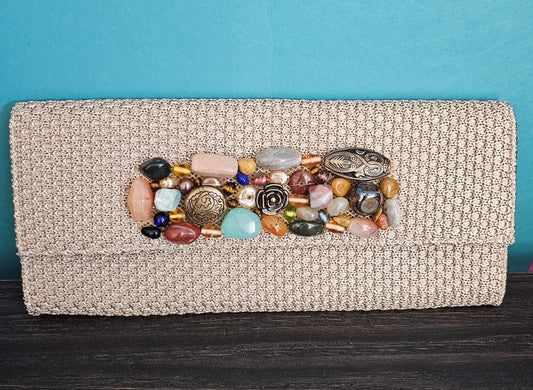 Beaded Stone Panel Woven Clutch with Chain Strap