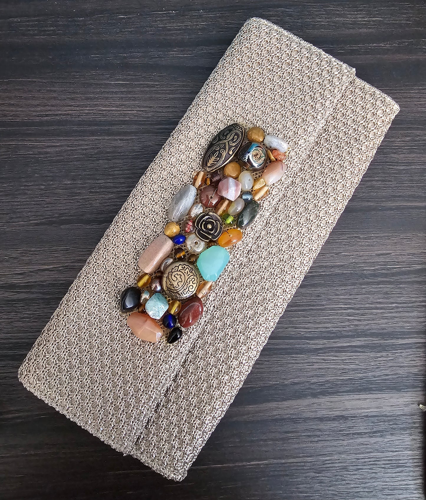 Beaded Stone Panel Woven Clutch with Chain Strap