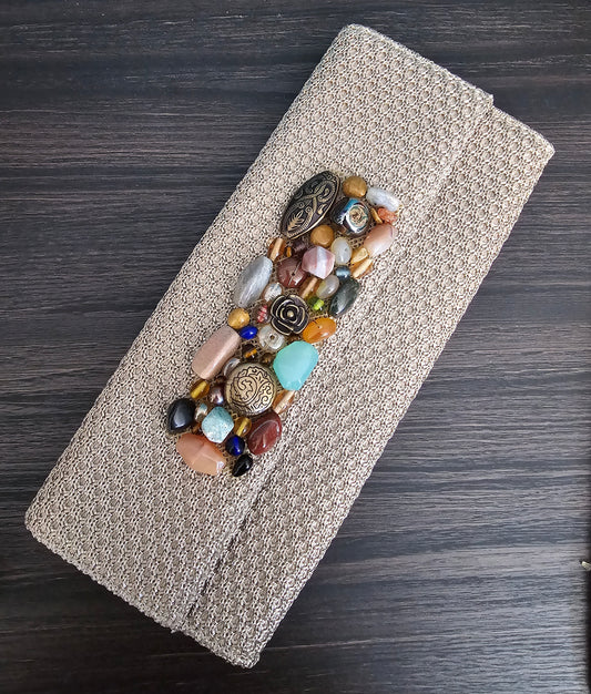 Beaded Stone Panel Woven Clutch with Chain Strap