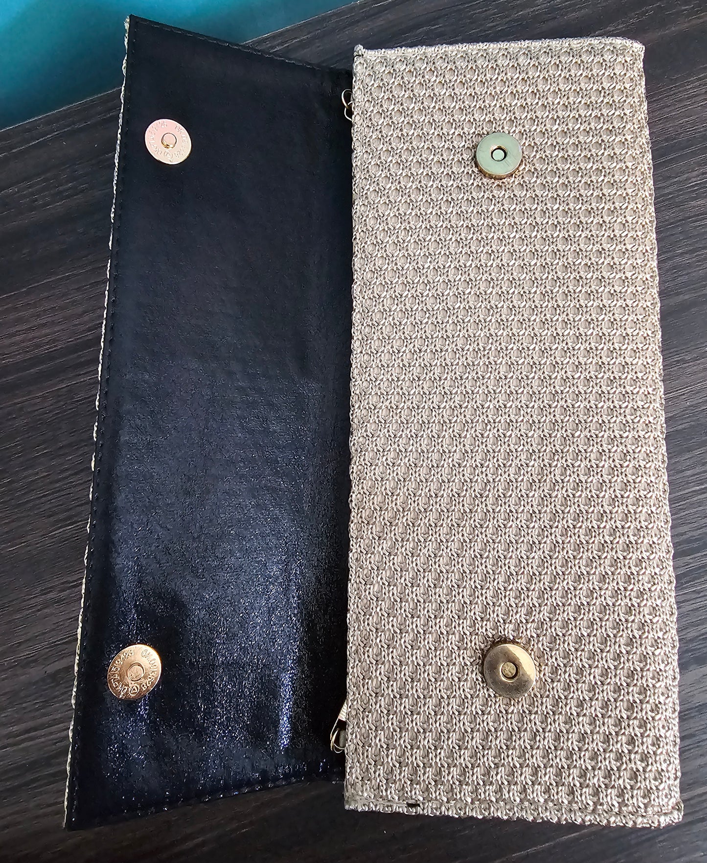 Beaded Stone Panel Woven Clutch with Chain Strap
