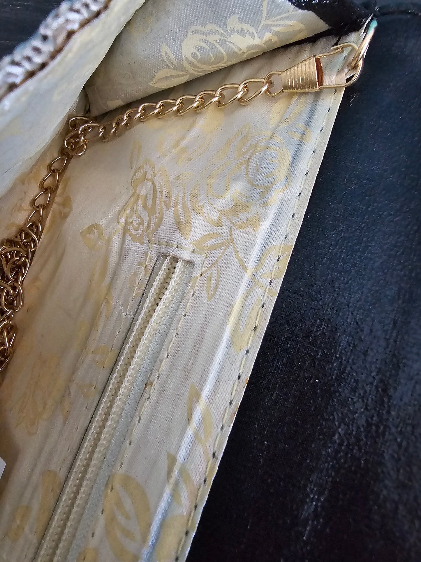 Beaded Stone Panel Woven Clutch with Chain Strap