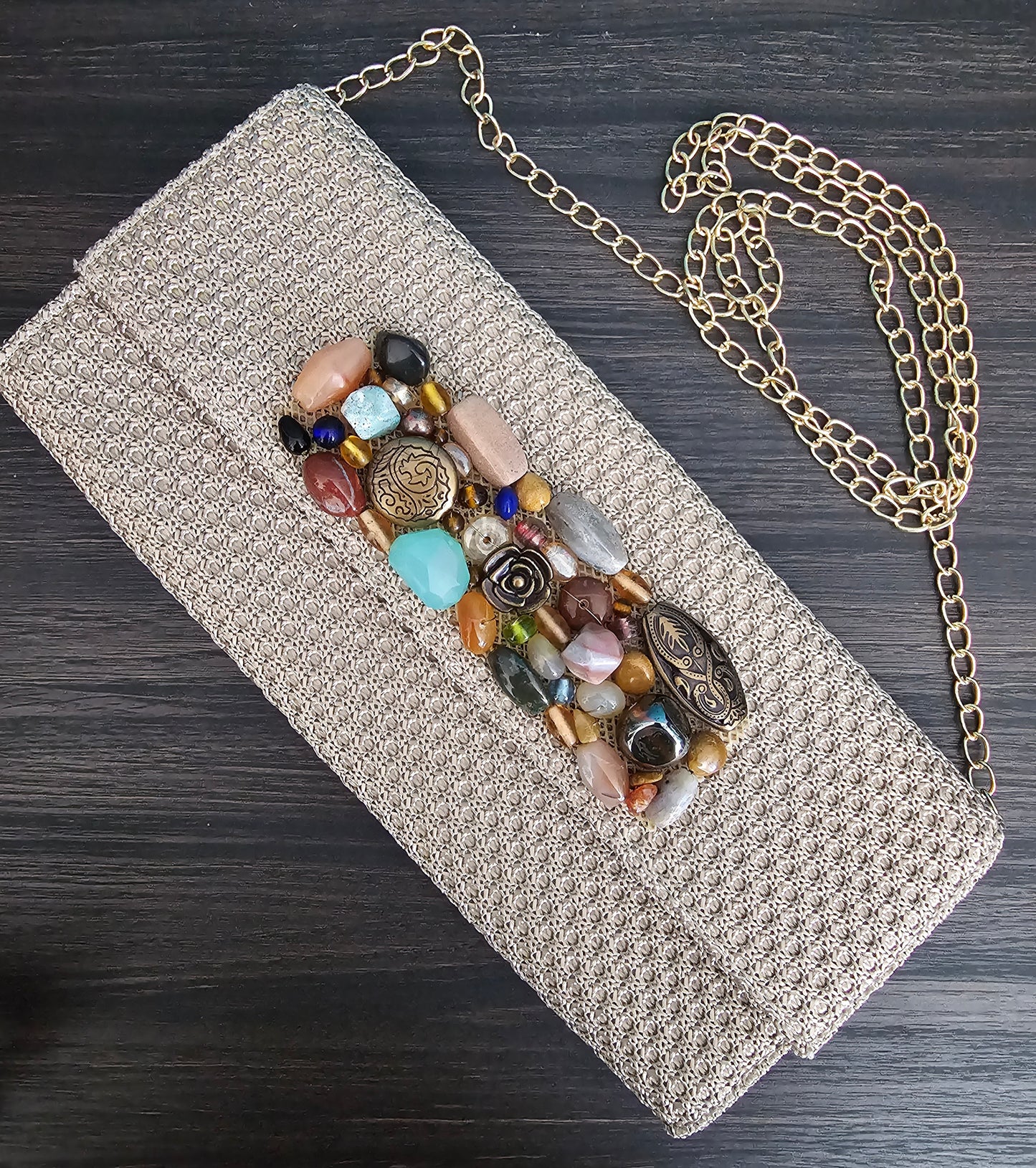 Beaded Stone Panel Woven Clutch with Chain Strap