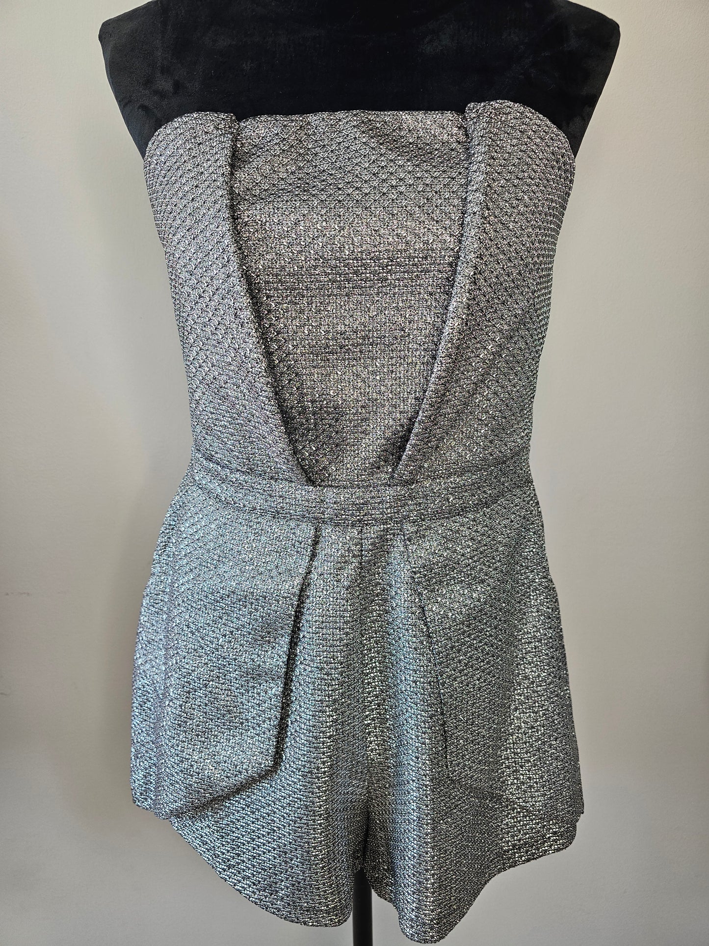 Fashion Nova Silver Shimmer Strapless Romper | Size XLarge