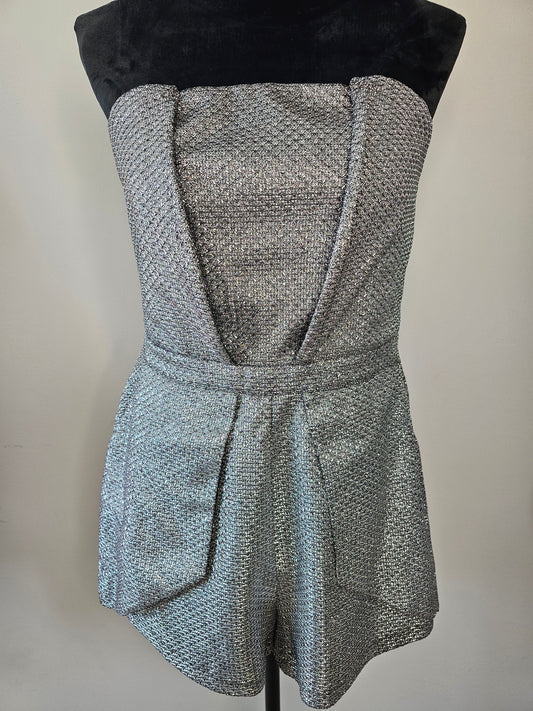 Fashion Nova Silver Shimmer Strapless Romper | Size XLarge