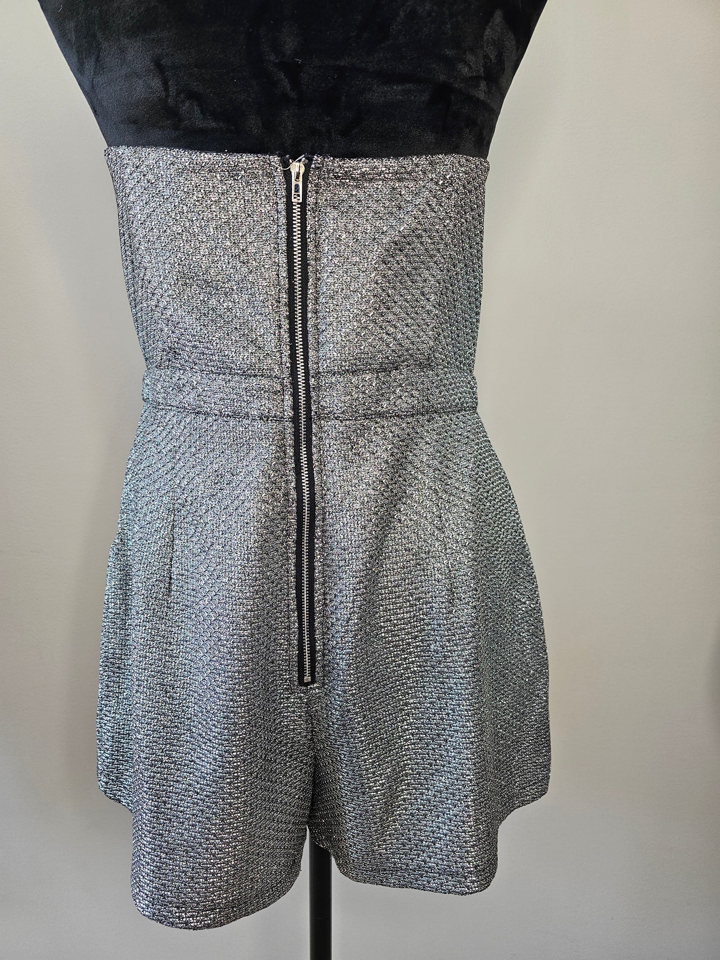 Fashion Nova Silver Shimmer Strapless Romper | Size XLarge