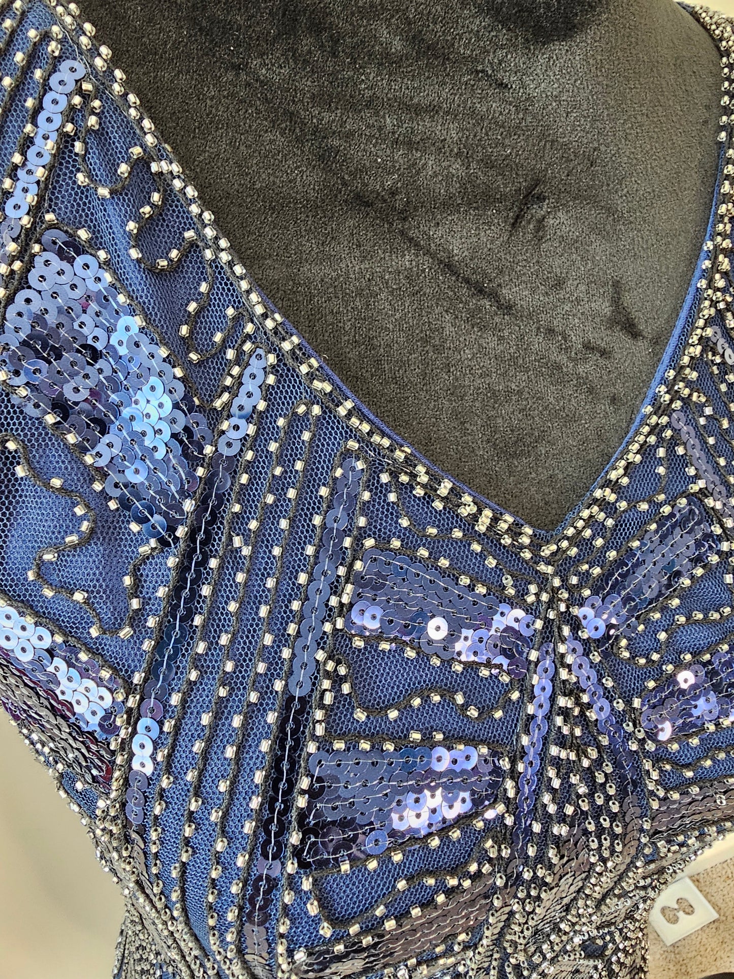 Navy Blue Art Deco Sequin Beaded Sleeveless Vintage-Inspired Fringe Dress | Size Small