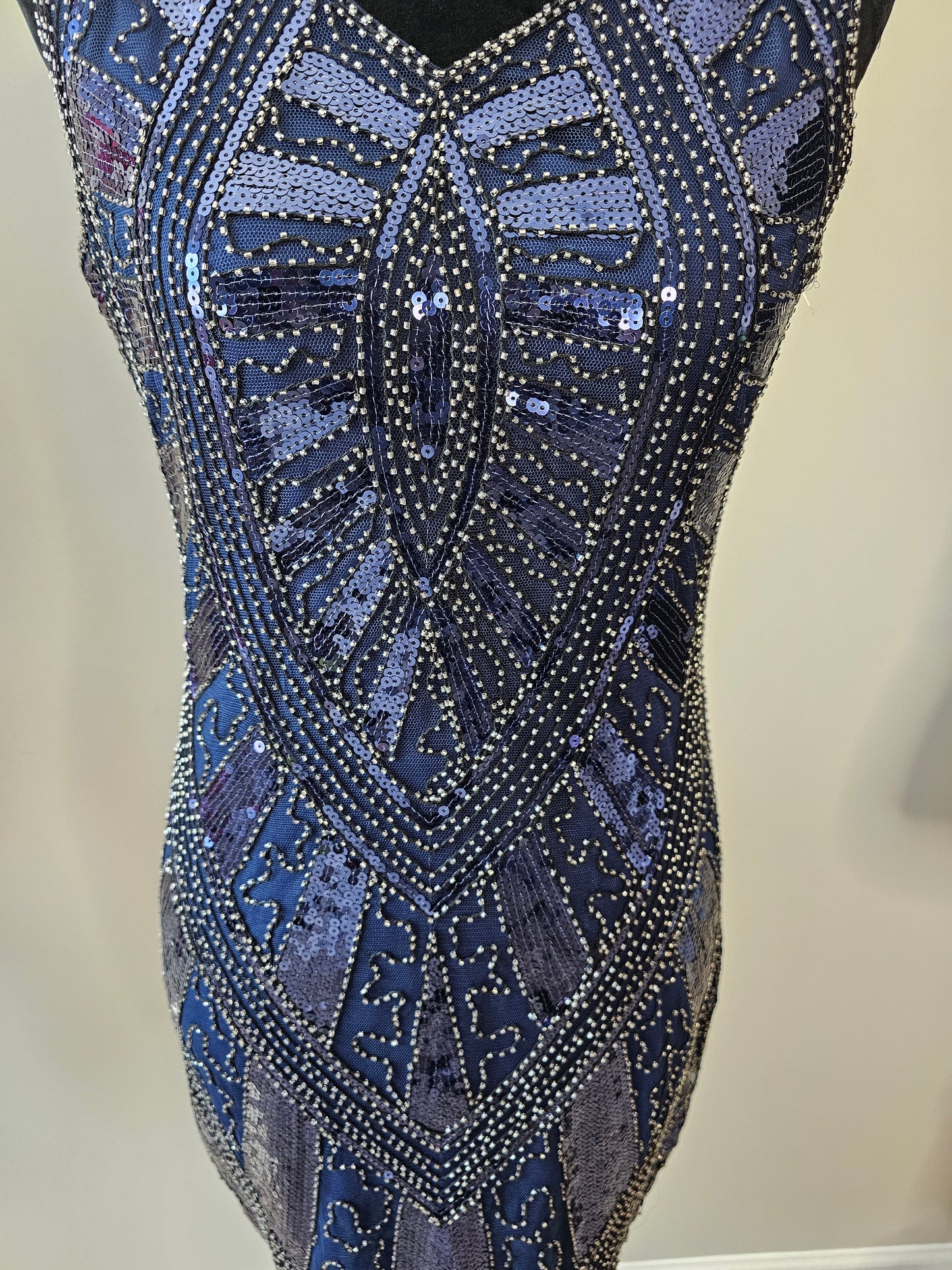 Navy Blue Art Deco Sequin Beaded Sleeveless Vintage-Inspired Fringe Dress | Size Small