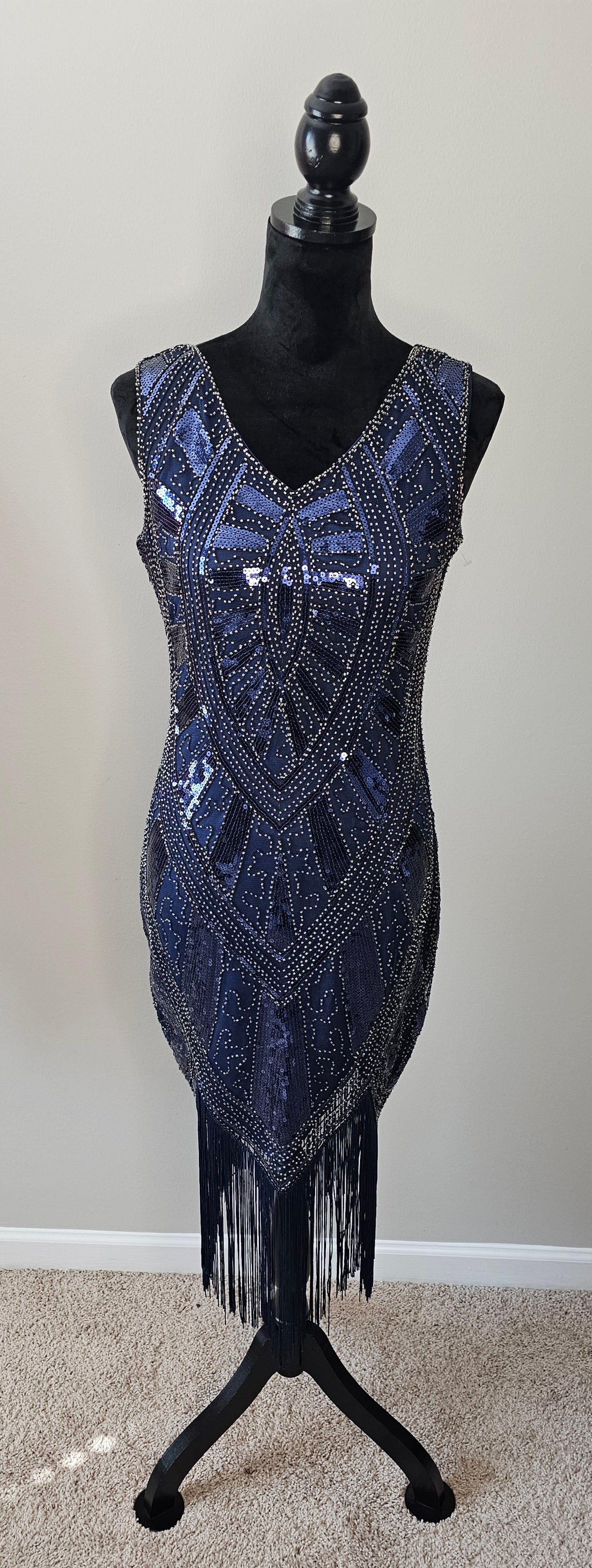 Navy Blue Art Deco Sequin Beaded Sleeveless Vintage-Inspired Fringe Dress | Size Small