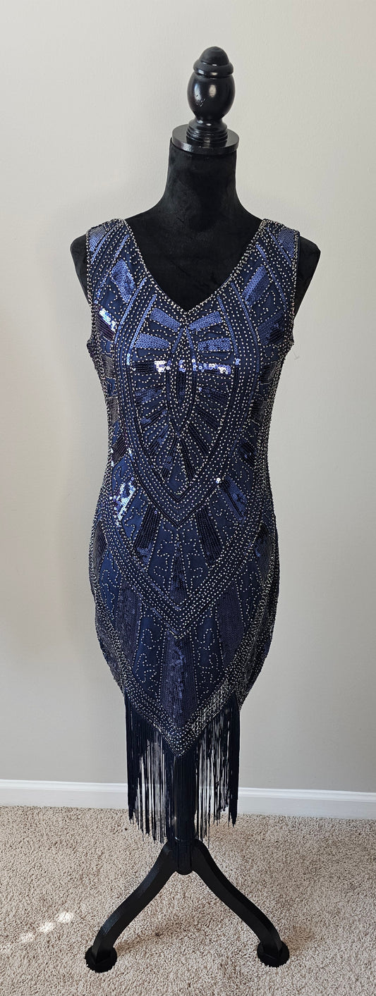 Navy Blue Art Deco Sequin Beaded Sleeveless Vintage-Inspired Fringe Dress | Size Small