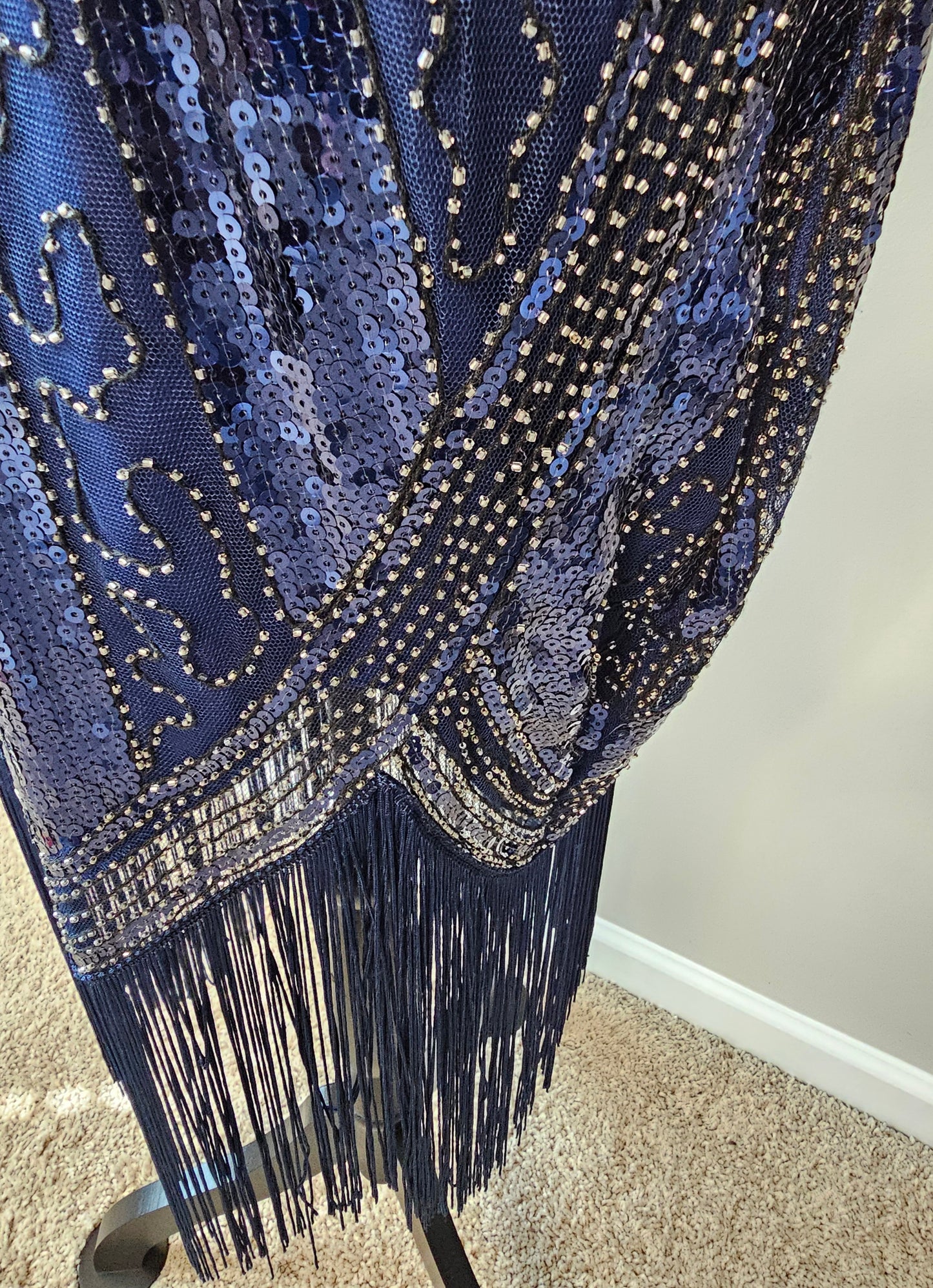 Navy Blue Art Deco Sequin Beaded Sleeveless Vintage-Inspired Fringe Dress | Size Small