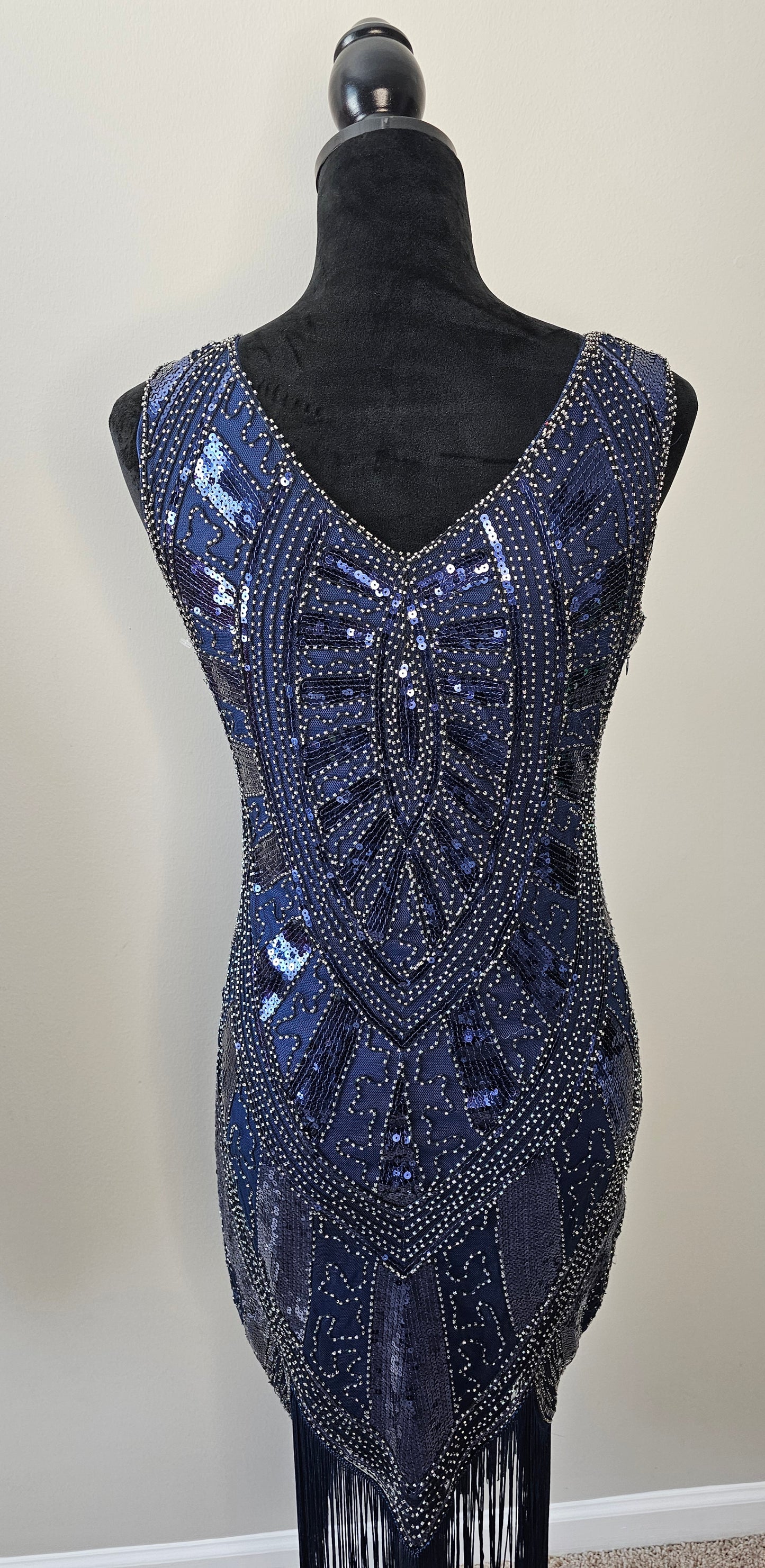 Navy Blue Art Deco Sequin Beaded Sleeveless Vintage-Inspired Fringe Dress | Size Small