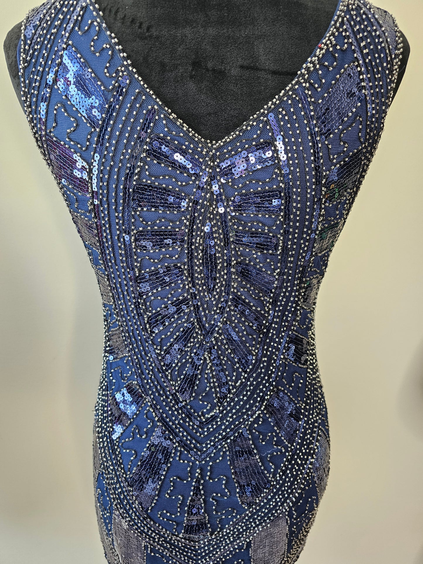 Navy Blue Art Deco Sequin Beaded Sleeveless Vintage-Inspired Fringe Dress | Size Small