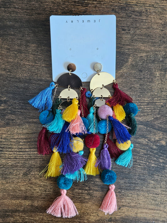 Multicolor Tassel Drop Earrings | Gold Statement 6” Boho Glam Earrings
