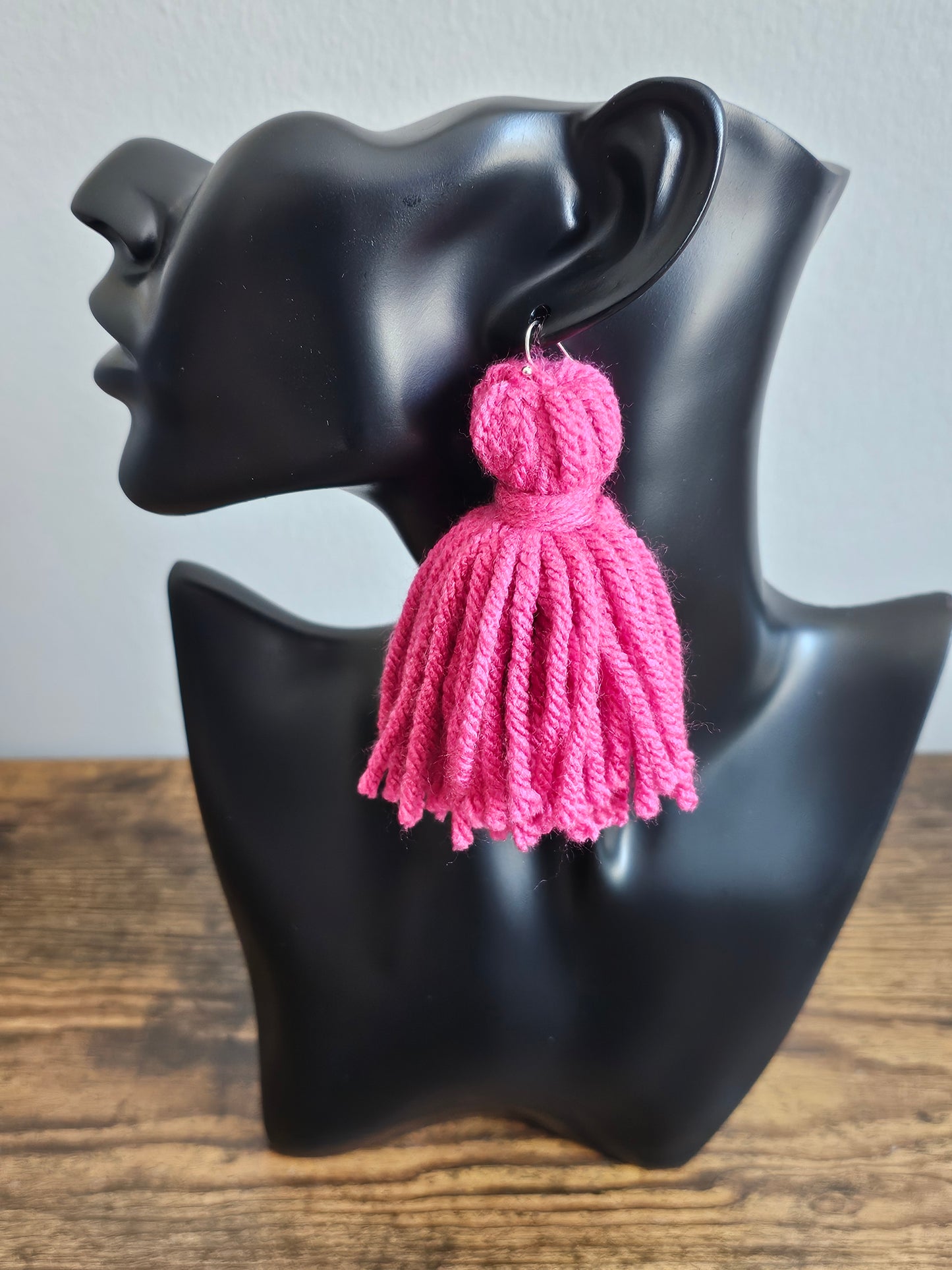 Handmade Hot Pink Yarn Tassel Drop Earrings | Statement Style